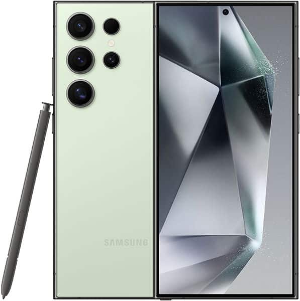 Samsung Galaxy S24 Ultra rear and front views, showing cream finish with triple camera array and stylus, plus illuminated display screen