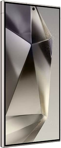 Samsung Galaxy S24 Ultra, front view, displaying geometric abstract wallpaper with folded metallic surfaces in shades of gray and white