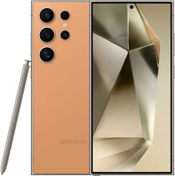 Samsung Galaxy S24 Ultra rear and front views in peachy-orange, showing triple camera array and S Pen stylus alongside display screen