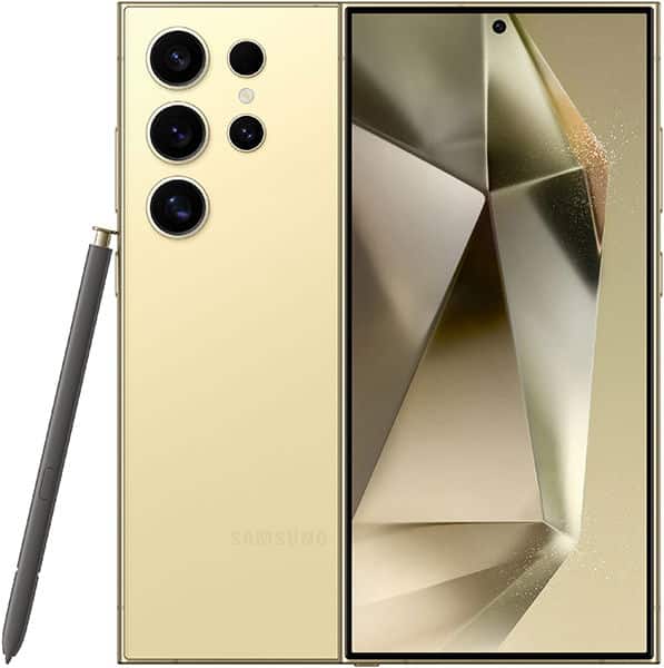 Samsung Galaxy S24 Ultra rear and front views, cream color, with S Pen stylus and five-lens camera system visible