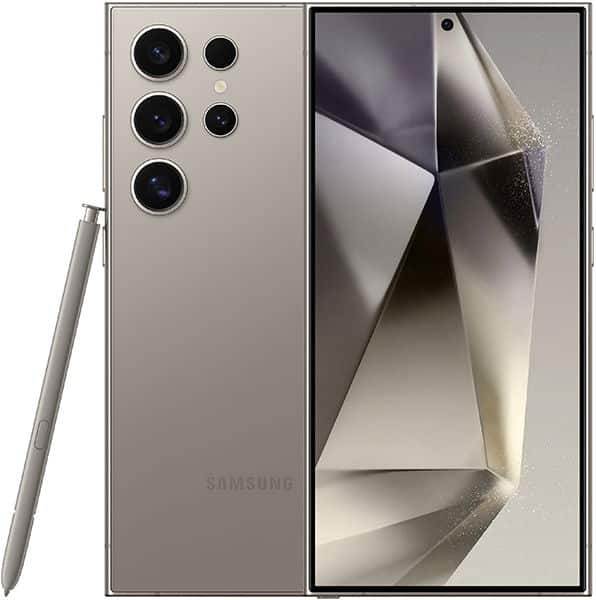 Samsung Galaxy S24 Ultra rear and front view, gray, with stylus, multiple camera lenses, and geometric display wallpaper