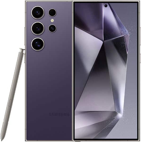Samsung Galaxy S24 Ultra rear and front views, showing purple back with multiple camera lenses and S Pen, and display with geometric wallpaper