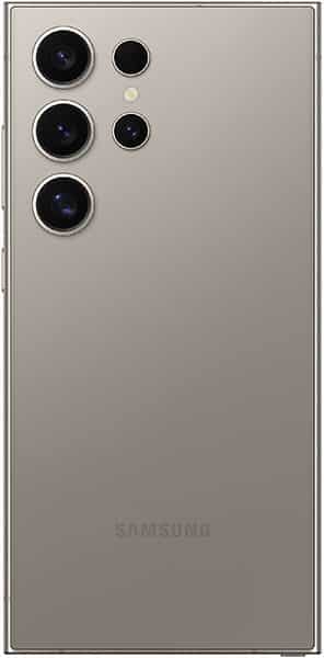 Samsung Galaxy S24 Ultra rear view showing five camera lenses arranged vertically on gray back panel