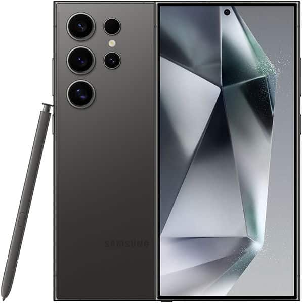 Samsung Galaxy S24 Ultra rear and front views, charcoal color, with stylus and quad camera system visible