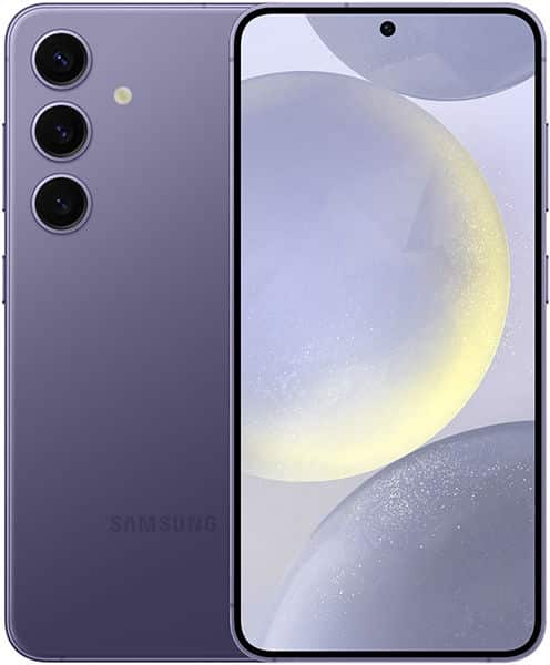 Samsung Galaxy S24 in purple, front and rear views; front shows circular wallpaper, rear has triple cameras with LED flash.