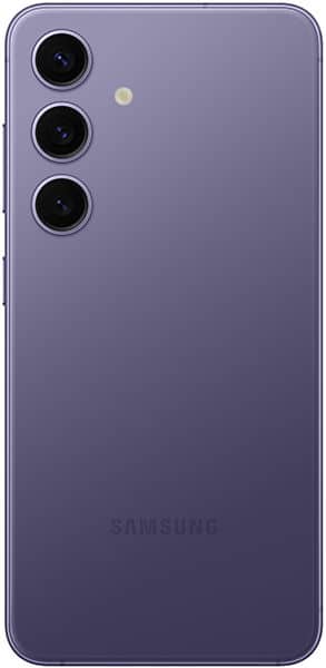 Rear view of lavender Samsung Galaxy S24, three vertical cameras and single flash above logo.