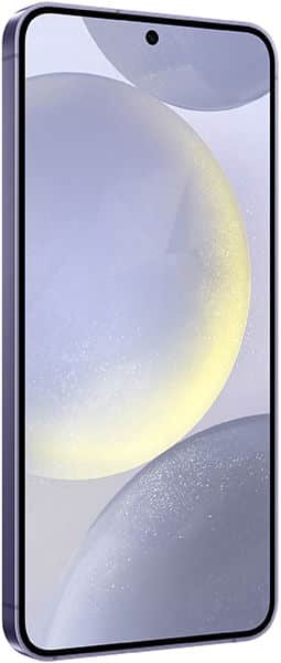 Front view of Samsung Galaxy S24 in slim purple frame, large screen with pastel shapes, centered punch-hole front camera.