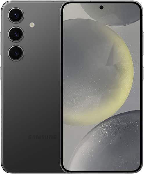 Front and rear views of black Galaxy S24; triple rear cameras vertical, screen shows gray-yellow abstract wallpaper.