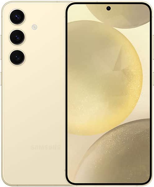 Beige Samsung Galaxy S24 shown front and back: large display with gold circle wallpaper, triple rear cameras vertically aligned.