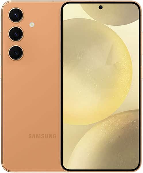 Samsung Galaxy S24 in gold shown front and rear; triple cameras on rear left, Samsung logo below, yellow wallpaper on display.