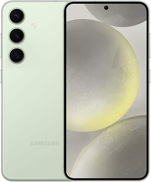 Samsung Galaxy S24 in light green shown front and back; rear has triple vertical cameras, front displays abstract circle pattern.