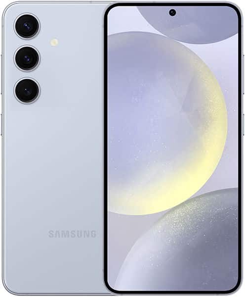 Samsung Galaxy S24 in silver shown front and rear; rear has triple cameras, front has circular display pattern and punch-hole camera.