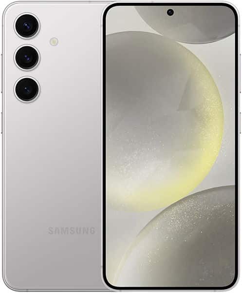 Samsung Galaxy S24 in white shown front and rear; triple vertical cameras, LED flash, abstract design on display.