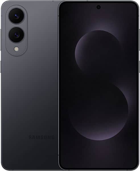Samsung Galaxy S25 Edge in black, front and rear views; rear has dual vertical cameras, front shows faint "8" on dark screen.