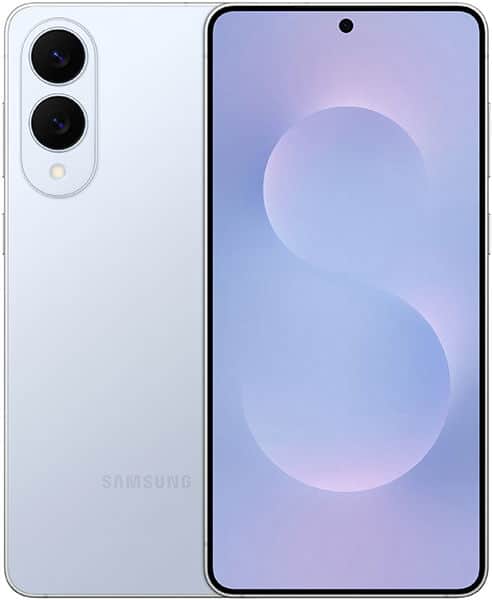 Samsung Galaxy S25 Edge in white, front and rear views; dual rear cameras, LED flash, front screen with pastel gradient and "S" shape.