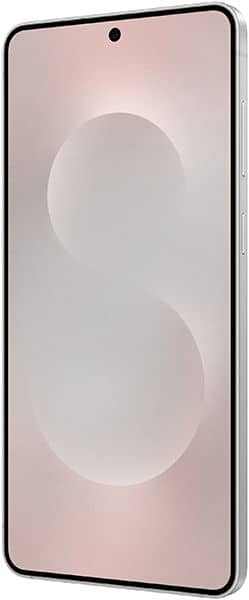 Front view of Samsung Galaxy S25 Edge showing slim profile, large display, and center front camera. Pink-beige abstract background.