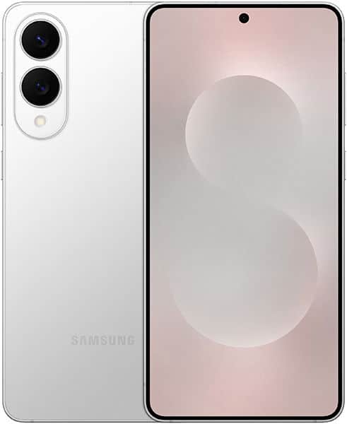 White Samsung Galaxy S25 Edge shown front and rear; front has centered hole-punch camera, rear has dual cameras top left.