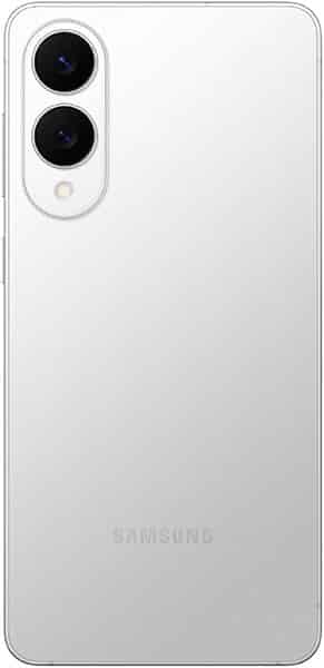 Rear view of silver Samsung Galaxy S25 Edge showing dual vertical cameras, flash upper left, and Samsung logo at the bottom.