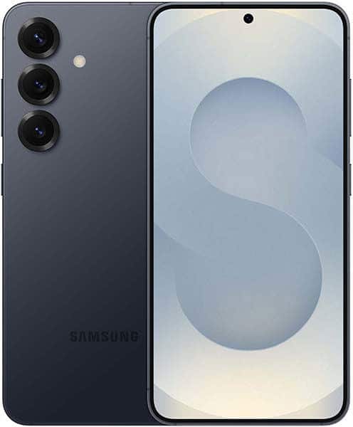 Samsung Galaxy S25+ front and rear view, dark gray, showing triple rear cameras and display with abstract blue design