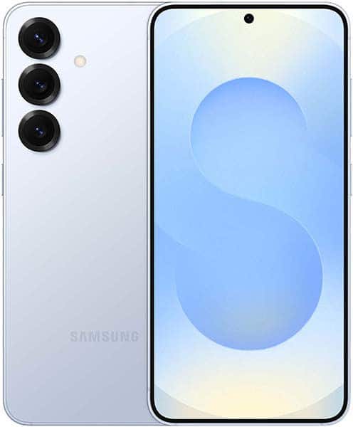 Samsung Galaxy S25+ front and rear view, silver, showing triple rear camera setup and blue gradient display with abstract design