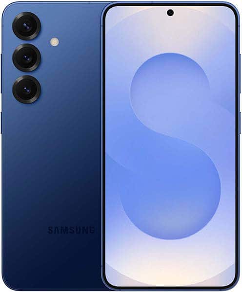 Samsung Galaxy S25+ in blue, front and rear view, showing triple rear camera setup and display with blue abstract design