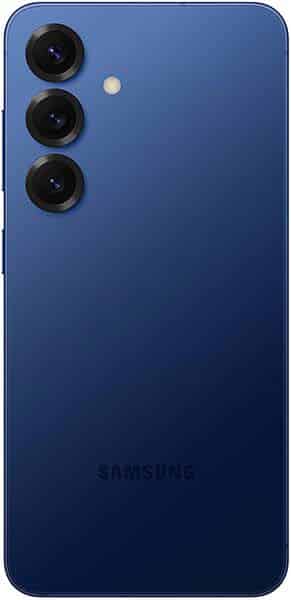 Samsung Galaxy S25+ rear view, blue finish with triple camera module and flash