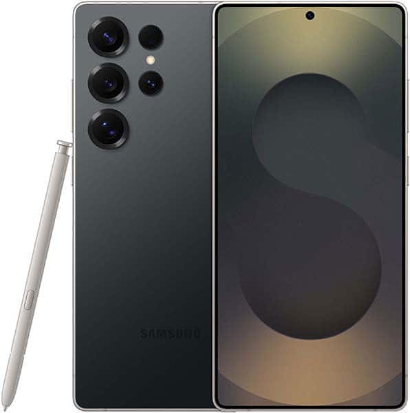 Samsung Galaxy S25 Ultra, rear and front view, charcoal gray with stylus, showing large camera module and display screen