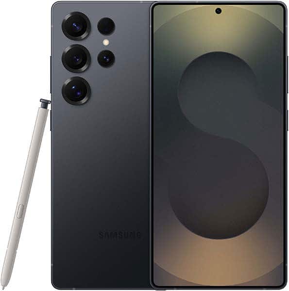 Samsung Galaxy S25 Ultra rear and front view, showing dark gray body with five-lens camera system and S Pen stylus