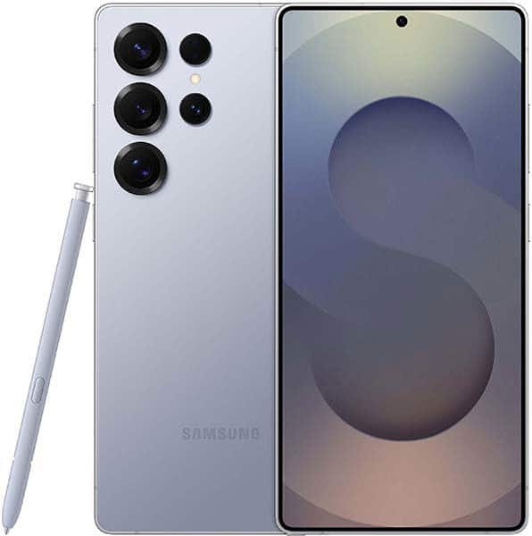 Samsung Galaxy S25 Ultra rear and front view, silver finish with five-camera array and stylus