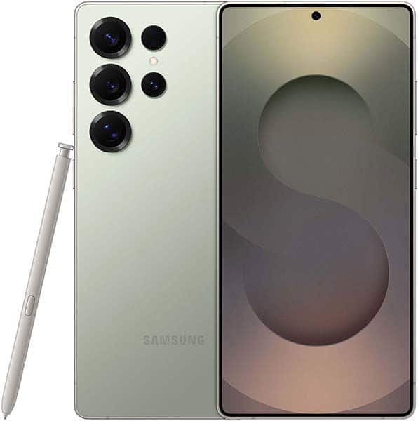 Samsung Galaxy S25 Ultra rear and front view showing cream-colored back with five-lens camera module, stylus, and display with abstract wallpaper