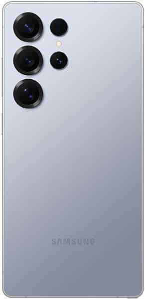 Samsung Galaxy S25 Ultra rear view showing five camera lenses arranged on gray back panel with Samsung logo at bottom