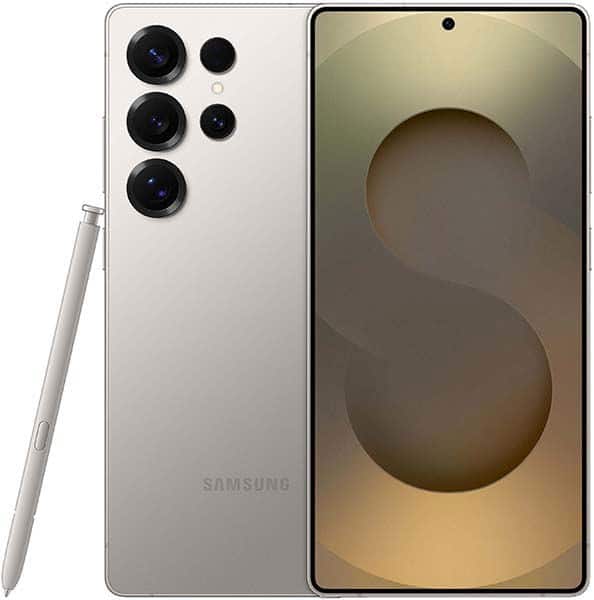 Samsung Galaxy S25 Ultra rear view in silver with stylus, showing multiple cameras and display with abstract wallpaper