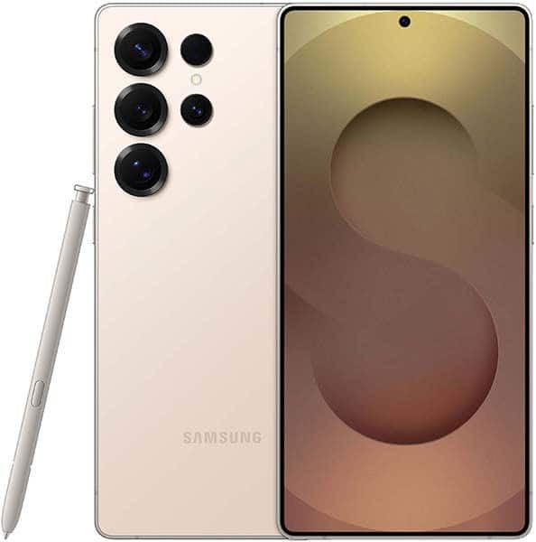 Samsung Galaxy S25 Ultra rear and front view, cream color with five cameras, stylus pen included