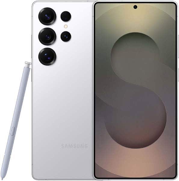Samsung Galaxy S25 Ultra rear and front view, white, with stylus and multiple camera lenses visible