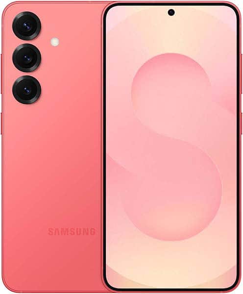 Samsung Galaxy S25 in coral pink, front and rear view, showing triple camera setup and display screen