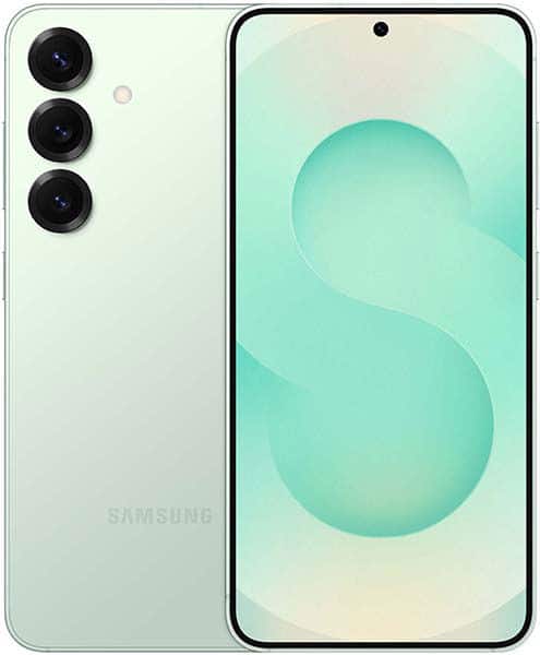 Samsung Galaxy S25 front and rear view, showing white finish, triple rear camera setup, and turquoise abstract wallpaper on screen