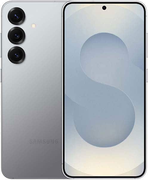 Samsung Galaxy S25 front and rear view showing silver finish, triple rear cameras, and display with centered hole-punch camera