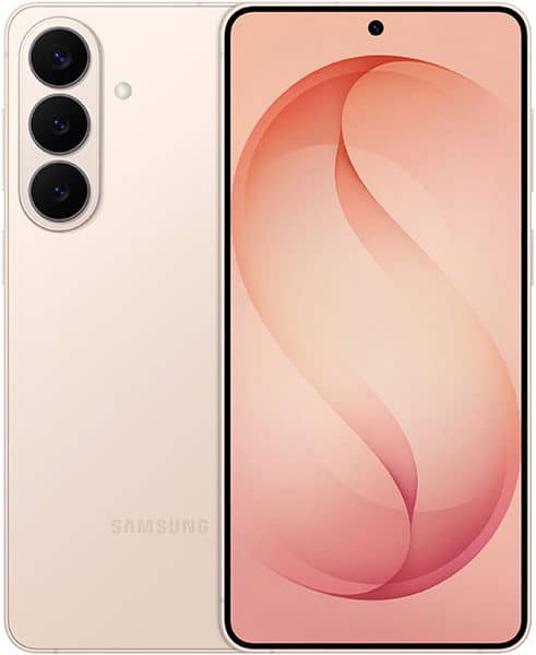 Samsung Galaxy S26+ front and rear view, cream color, showing triple rear camera setup and display with abstract pink gradient wallpaper