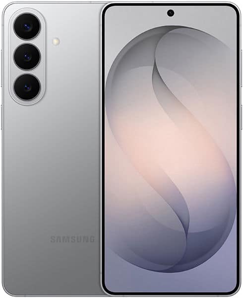 Samsung Galaxy S26+ front and rear view, silver, showing triple rear camera setup and display with abstract gradient wallpaper