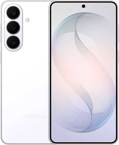 Samsung Galaxy S26+ rear view showing white finish with triple camera setup and display screen with abstract blue and white wallpaper