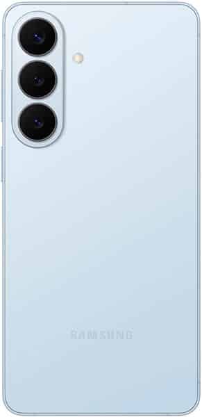 Samsung Galaxy S26+ rear view showing light blue finish with triple camera setup and Samsung logo