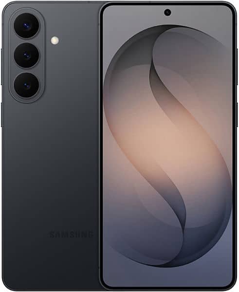 Samsung Galaxy S26+ front and rear view, charcoal black, showing triple camera setup and display with abstract wallpaper