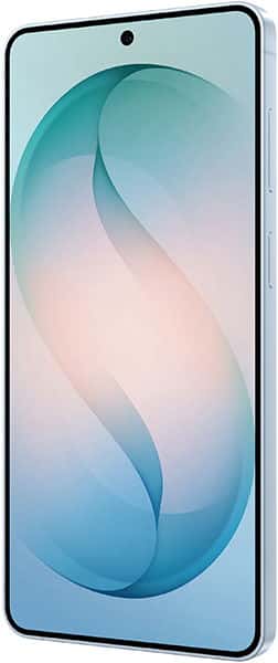 Samsung Galaxy S26+ front view with curved abstract design on display, featuring teal and blue gradient with centered camera hole
