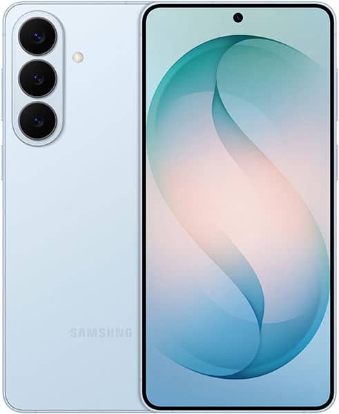 Samsung Galaxy S26+ front and rear view, light blue, with triple rear cameras and gradient wallpaper on display