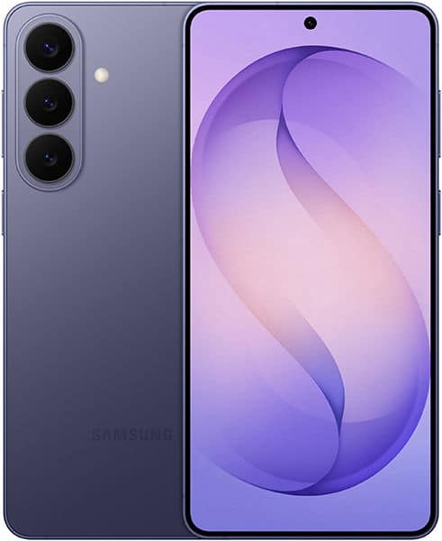 Samsung Galaxy S26+ front and rear view, showing purple gradient display and triple rear camera setup on blue-gray body