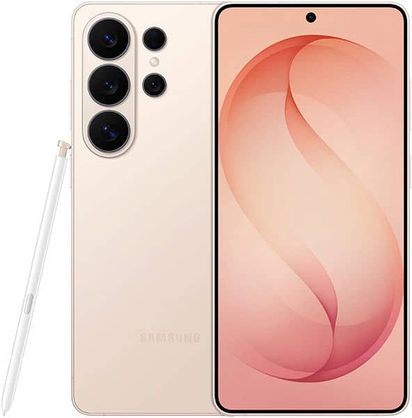 Samsung Galaxy S26 Ultra rear and front view, cream color, showing triple camera array and stylus, with gradient wallpaper on display