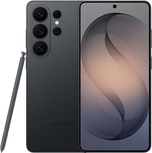 Samsung Galaxy S26 Ultra, front and rear view showing dark gray phone with triple camera system and stylus, display lit with abstract wallpaper