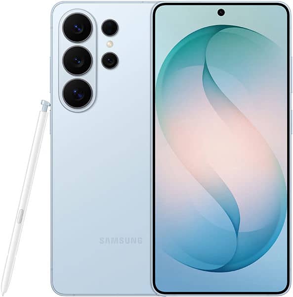 Samsung Galaxy S26 Ultra rear and front view in light blue, showing triple camera system and stylus, with gradient wallpaper on display