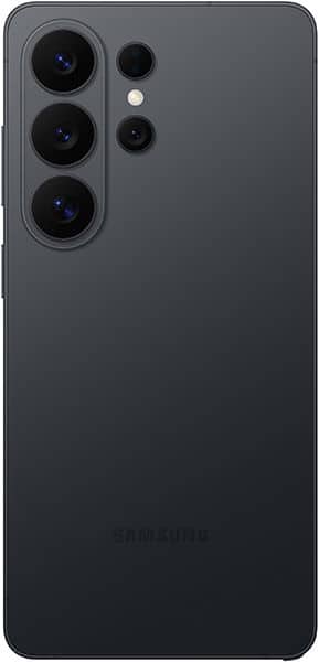 Samsung Galaxy S26 Ultra rear view, charcoal black, showing triple camera system with large lens array and flash