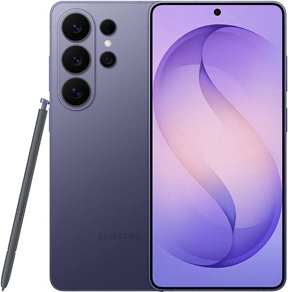 Samsung Galaxy S26 Ultra rear and front view with stylus, showing purple gradient display and triple camera system